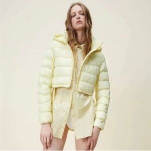 Zara Light Yellow Puffer Jacket Water Repellent with Hood sz Small